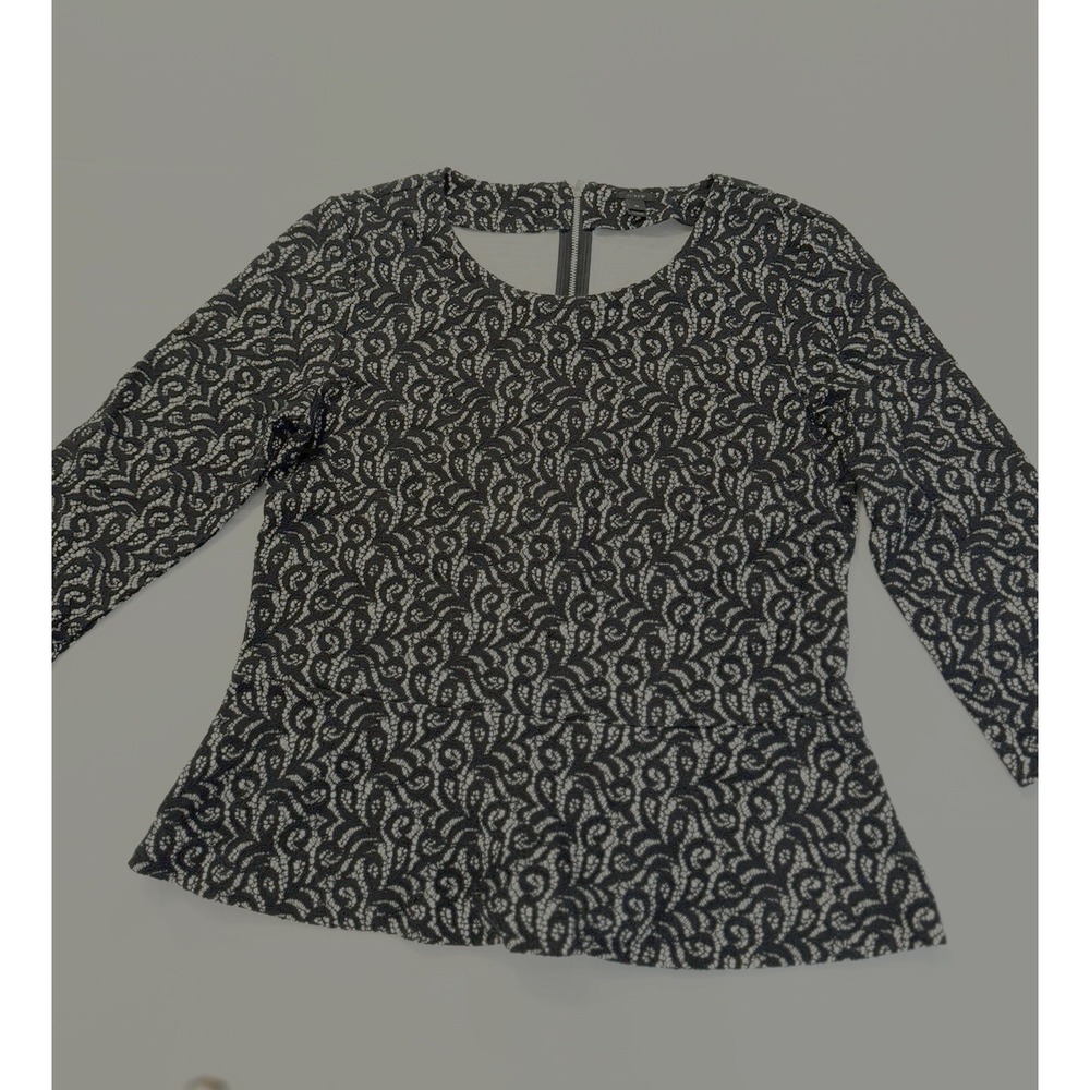 J Crew Size Medium Black & White Lacey Blouse 3/4 Sleeves Waisted Zipper Back